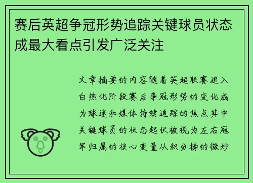 赛后英超争冠形势追踪关键球员状态成最大看点引发广泛关注