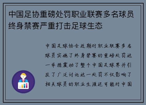 中国足协重磅处罚职业联赛多名球员终身禁赛严重打击足球生态
