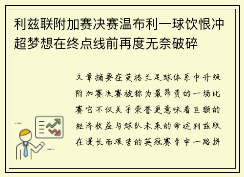 利兹联附加赛决赛温布利一球饮恨冲超梦想在终点线前再度无奈破碎